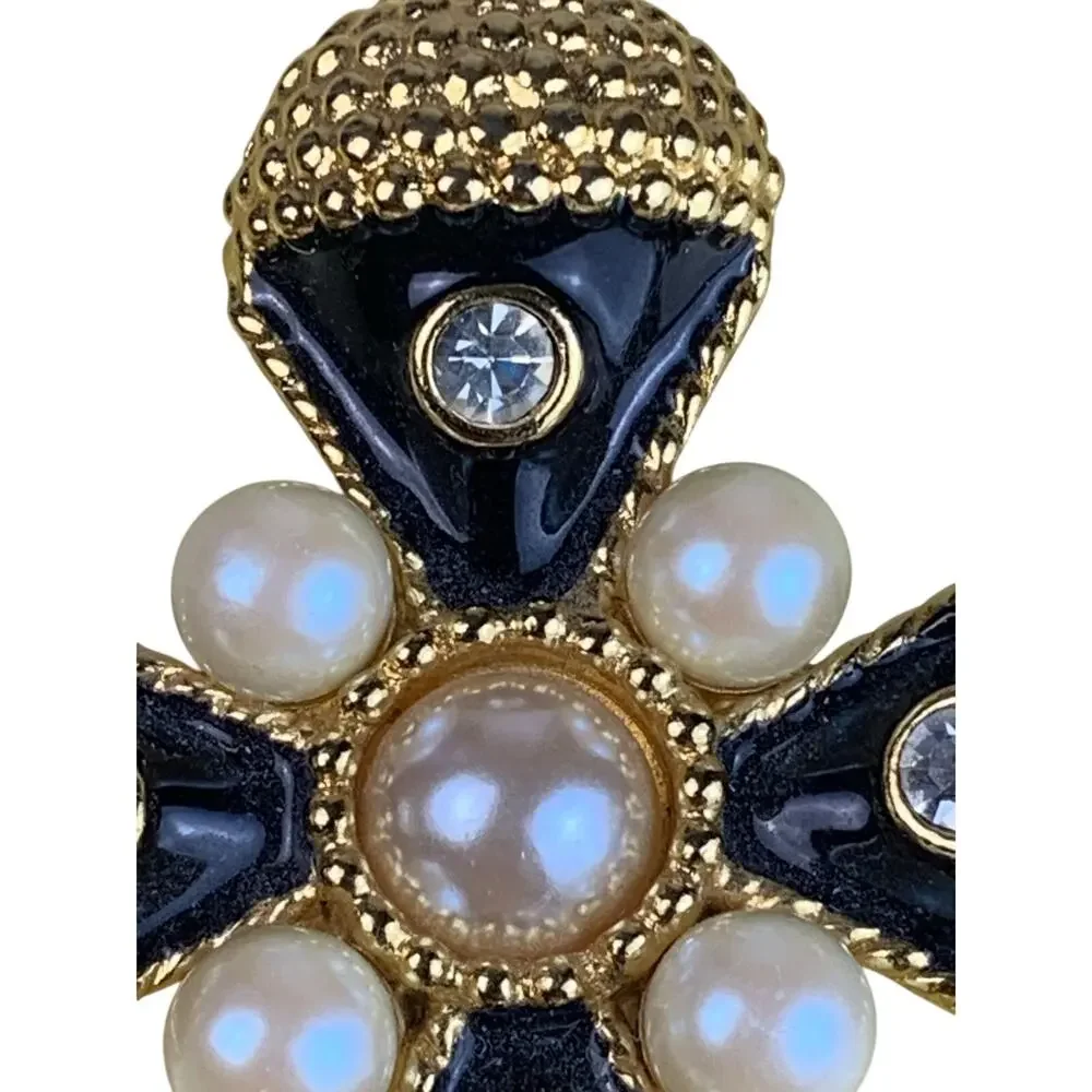 Maltese Cross Brooch Gold Black Pearl Rhinestone Statement Pin Old Money